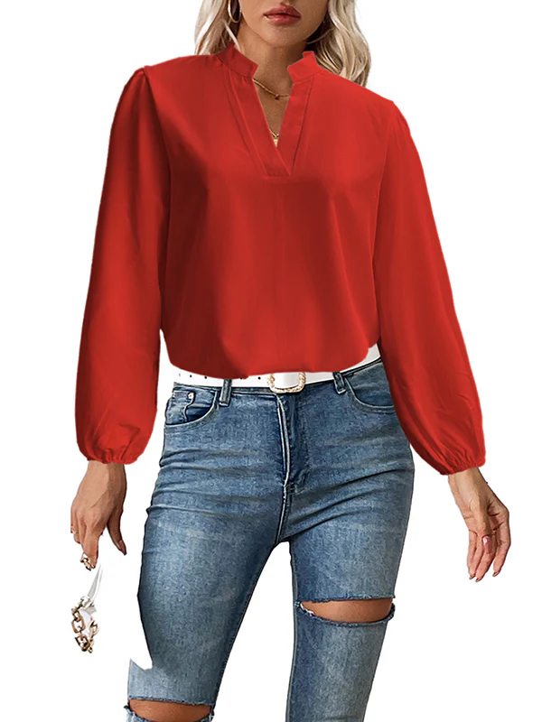 Long Sleeves Loose Elasticity Solid Color Stand Collar Blouses&Shirts Tops - Image 3