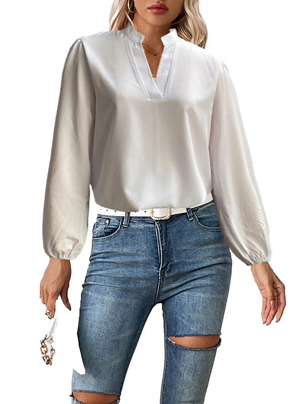 Long Sleeves Loose Elasticity Solid Color Stand Collar Blouses&Shirts Tops - Image 4