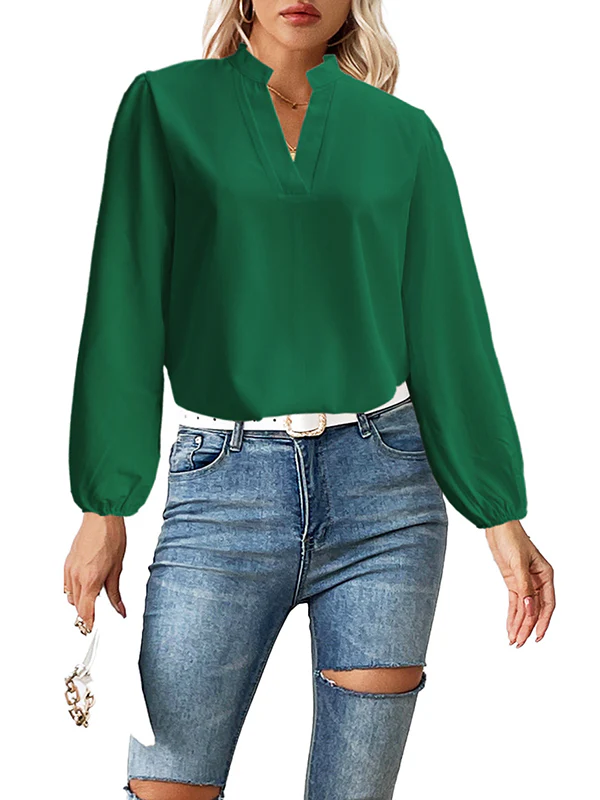 Long Sleeves Loose Elasticity Solid Color Stand Collar Blouses&Shirts Tops - Image 5