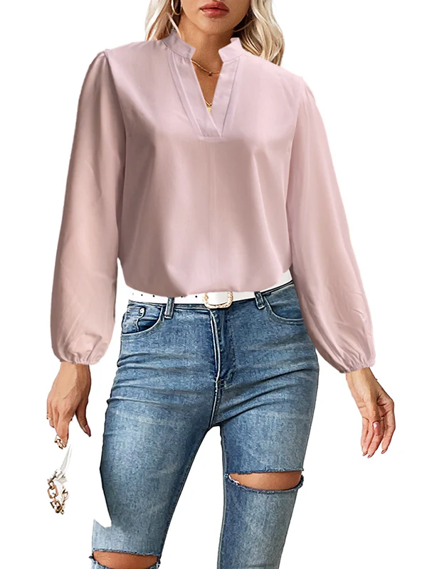 Long Sleeves Loose Elasticity Solid Color Stand Collar Blouses&Shirts Tops - Image 6