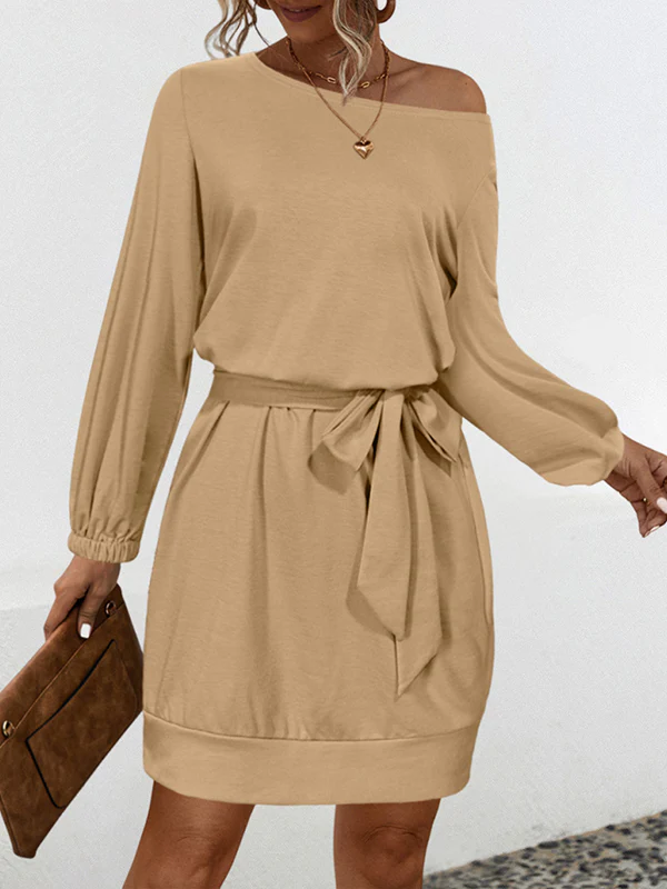 Long Sleeves Loose Elasticity Solid Color Tied Waist One-Shoulder Mini Dresses - Image 2