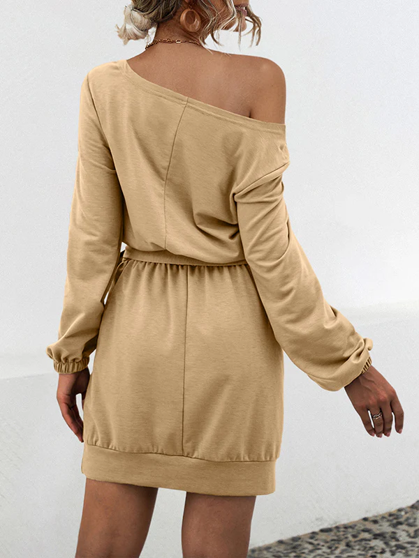 Long Sleeves Loose Elasticity Solid Color Tied Waist One-Shoulder Mini Dresses - Image 3