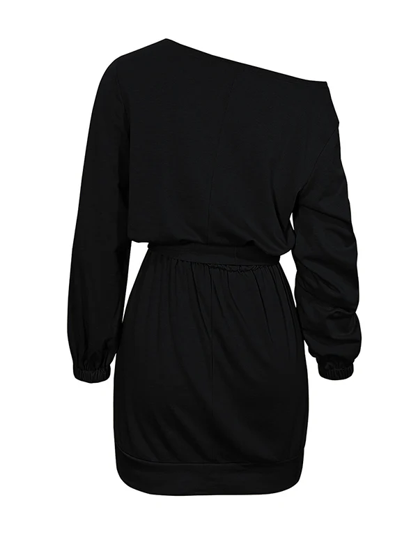 Long Sleeves Loose Elasticity Solid Color Tied Waist One-Shoulder Mini Dresses - Image 5