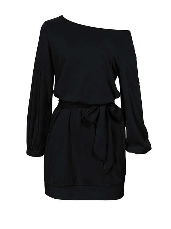 Long Sleeves Loose Elasticity Solid Color Tied Waist One-Shoulder Mini Dresses - Image 6