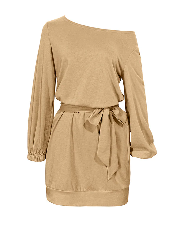 Long Sleeves Loose Elasticity Solid Color Tied Waist One-Shoulder Mini Dresses - Image 7