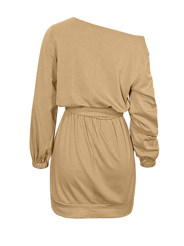 Long Sleeves Loose Elasticity Solid Color Tied Waist One-Shoulder Mini Dresses - Image 8