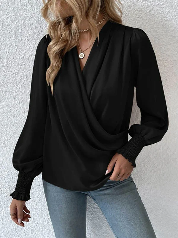 Long Sleeves Loose Elasticity Solid Color V-Neck Blouses&Shirts Tops - Image 10