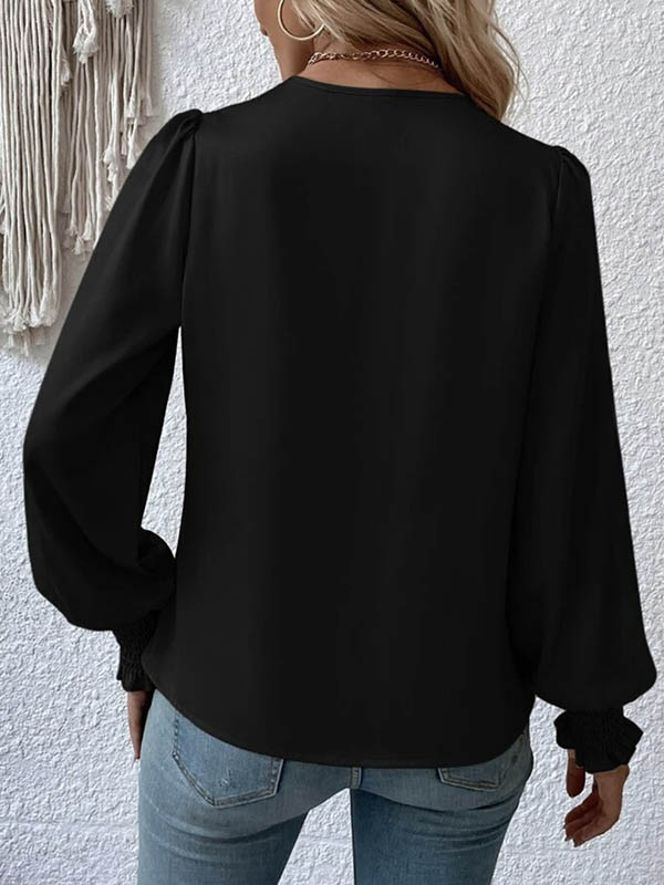 Long Sleeves Loose Elasticity Solid Color V-Neck Blouses&Shirts Tops - Image 11