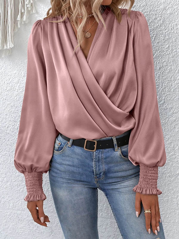 Long Sleeves Loose Elasticity Solid Color V-Neck Blouses&Shirts Tops - Image 12