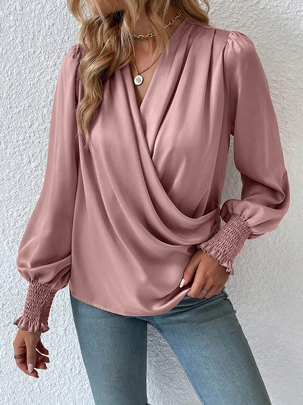 Long Sleeves Loose Elasticity Solid Color V-Neck Blouses&Shirts Tops - Image 13