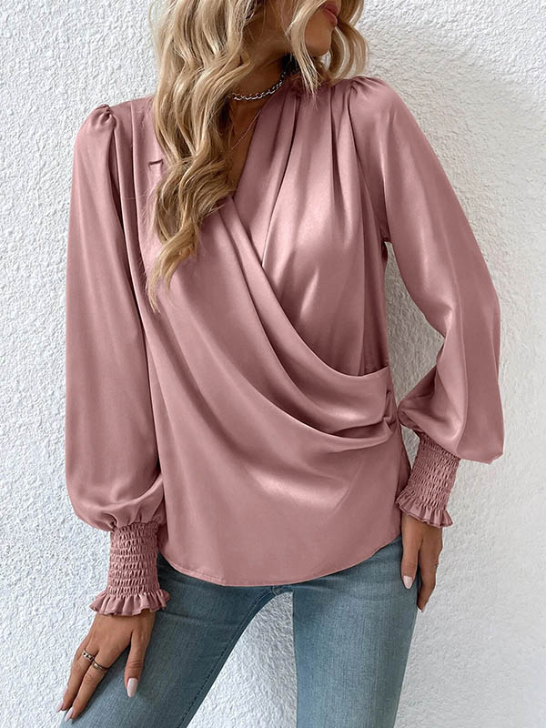 Long Sleeves Loose Elasticity Solid Color V-Neck Blouses&Shirts Tops - Image 14