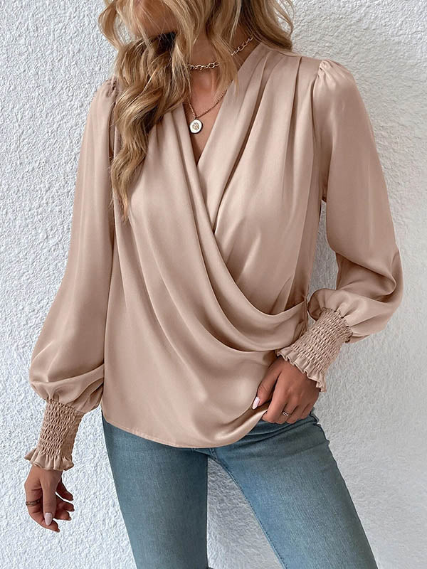 Long Sleeves Loose Elasticity Solid Color V-Neck Blouses&Shirts Tops - Image 16