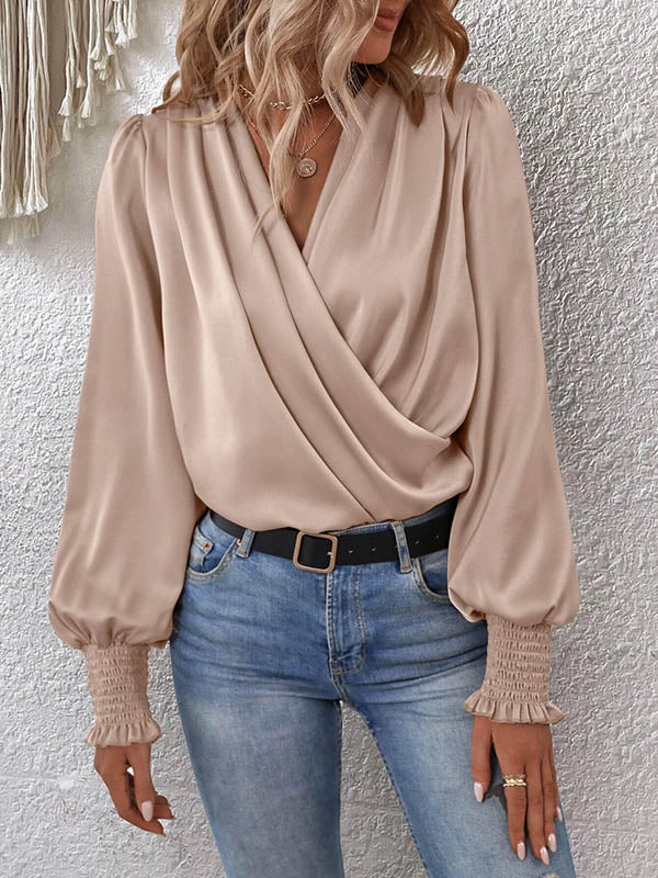 Long Sleeves Loose Elasticity Solid Color V-Neck Blouses&Shirts Tops - Image 17