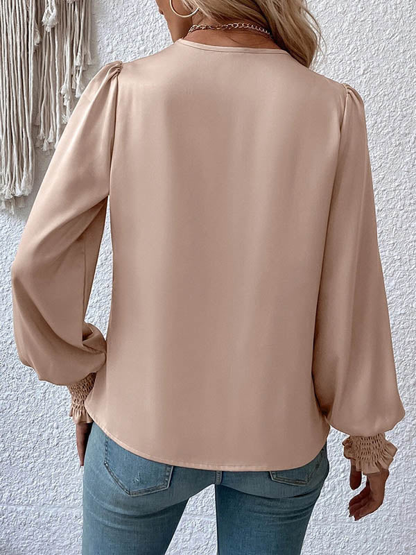 Long Sleeves Loose Elasticity Solid Color V-Neck Blouses&Shirts Tops - Image 18