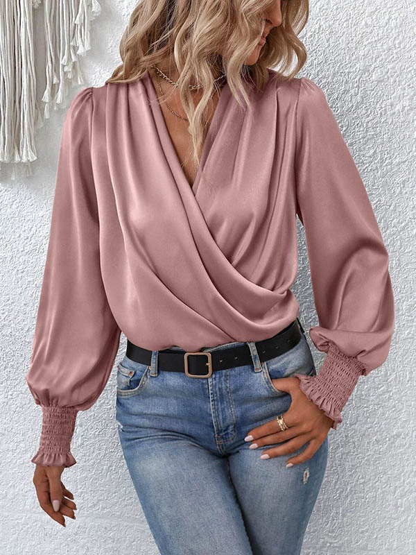 Long Sleeves Loose Elasticity Solid Color V-Neck Blouses&Shirts Tops - Image 3