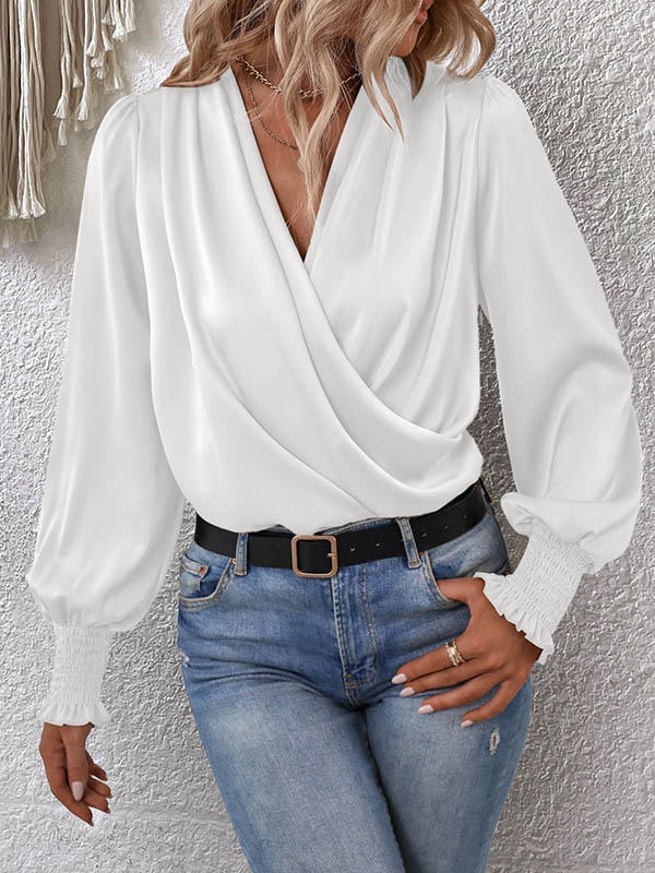 Long Sleeves Loose Elasticity Solid Color V-Neck Blouses&Shirts Tops - Image 5