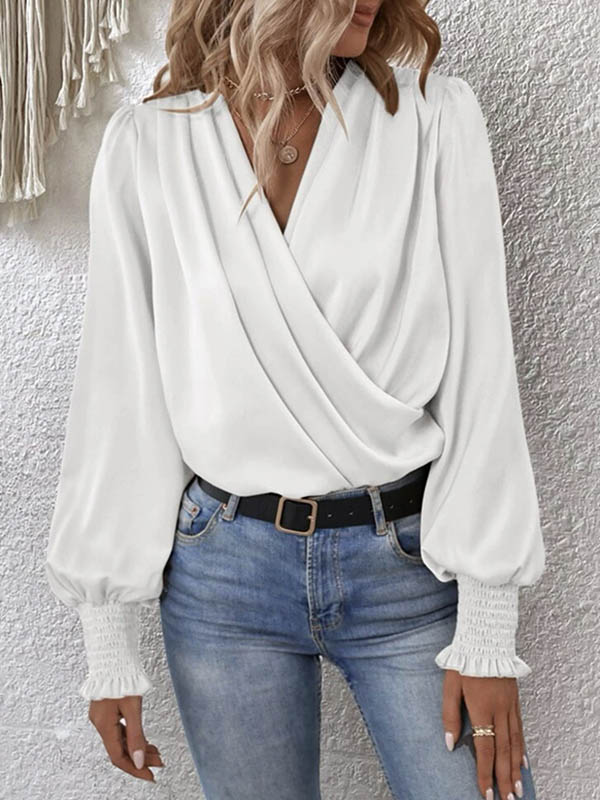 Long Sleeves Loose Elasticity Solid Color V-Neck Blouses&Shirts Tops - Image 6