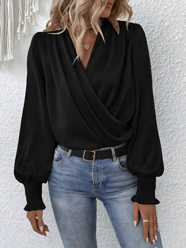 Long Sleeves Loose Elasticity Solid Color V-Neck Blouses&Shirts Tops - Image 9