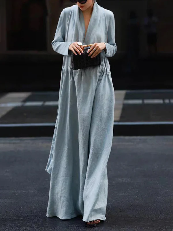 Long Sleeves Loose Elasticity Solid Color V-Neck Maxi Dresses - Image 2