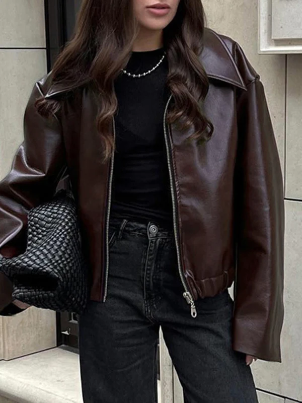 Long Sleeves Loose Elasticity Solid Color Zipper Lapel Jackets Outerwear - Image 2