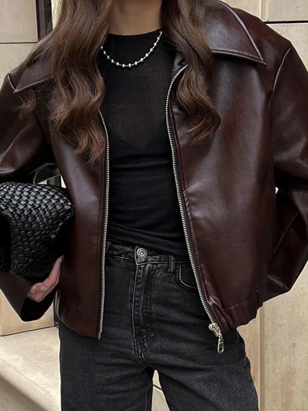 Long Sleeves Loose Elasticity Solid Color Zipper Lapel Jackets Outerwear - Image 3