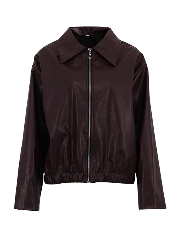 Long Sleeves Loose Elasticity Solid Color Zipper Lapel Jackets Outerwear - Image 5