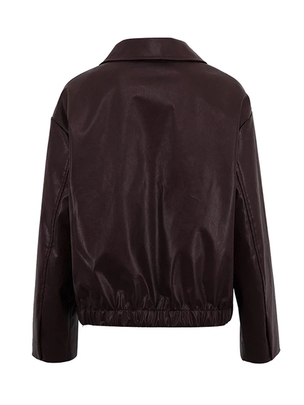 Long Sleeves Loose Elasticity Solid Color Zipper Lapel Jackets Outerwear - Image 6