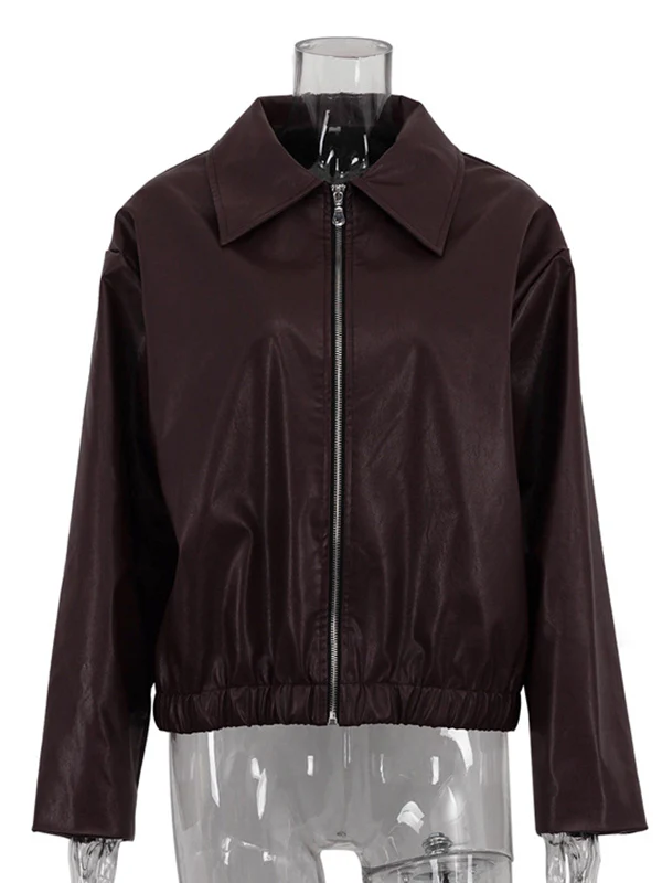 Long Sleeves Loose Elasticity Solid Color Zipper Lapel Jackets Outerwear - Image 7