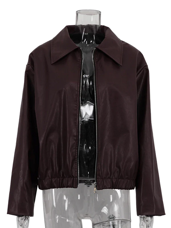 Long Sleeves Loose Elasticity Solid Color Zipper Lapel Jackets Outerwear - Image 8