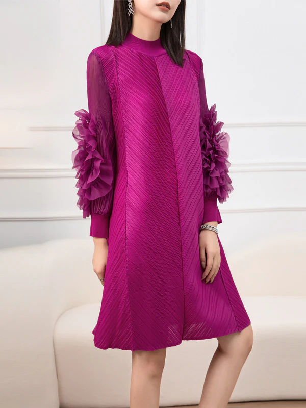 Long Sleeves Loose Embroidered Pleated Solid Color Round-Neck Midi Dresses - Image 10