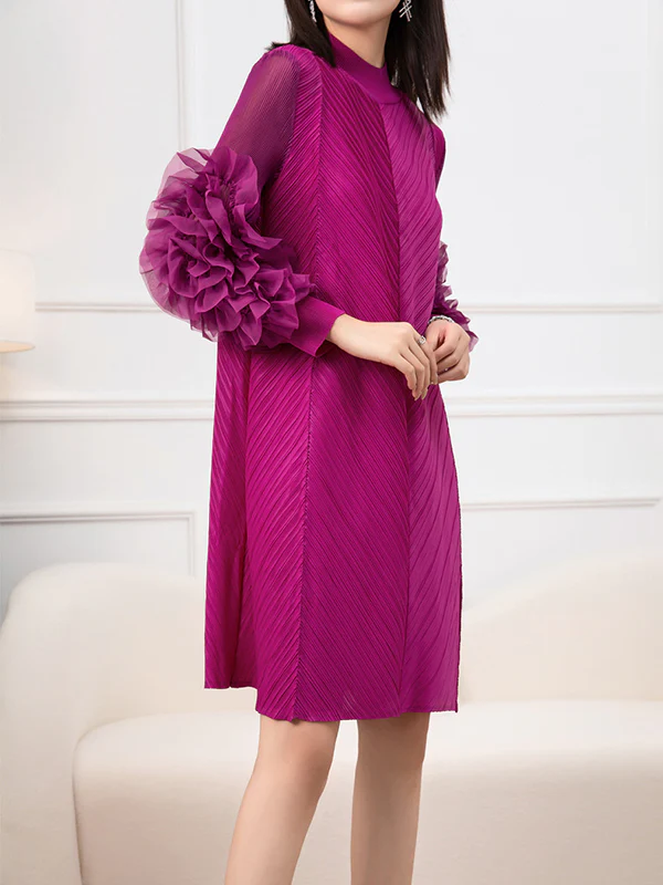 Long Sleeves Loose Embroidered Pleated Solid Color Round-Neck Midi Dresses - Image 11