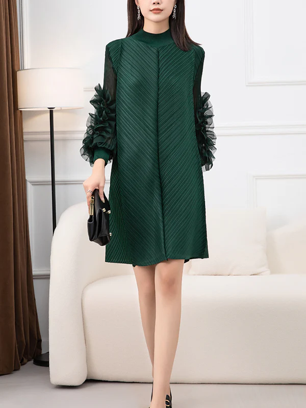 Long Sleeves Loose Embroidered Pleated Solid Color Round-Neck Midi Dresses - Image 14