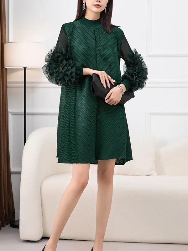 Long Sleeves Loose Embroidered Pleated Solid Color Round-Neck Midi Dresses - Image 15