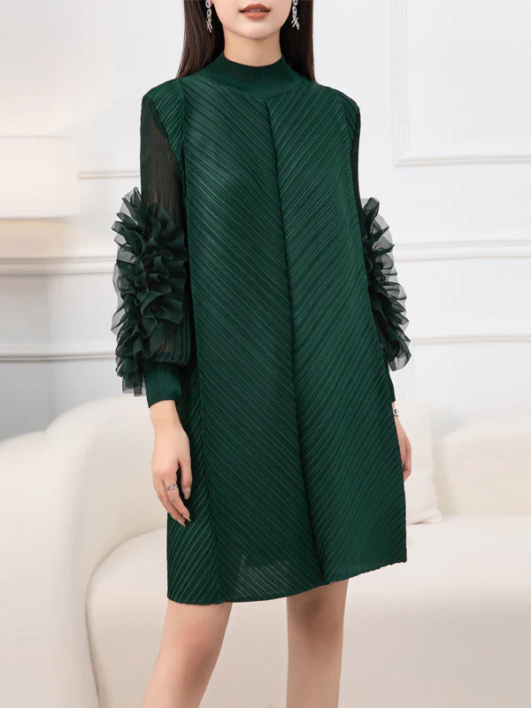 Long Sleeves Loose Embroidered Pleated Solid Color Round-Neck Midi Dresses - Image 16