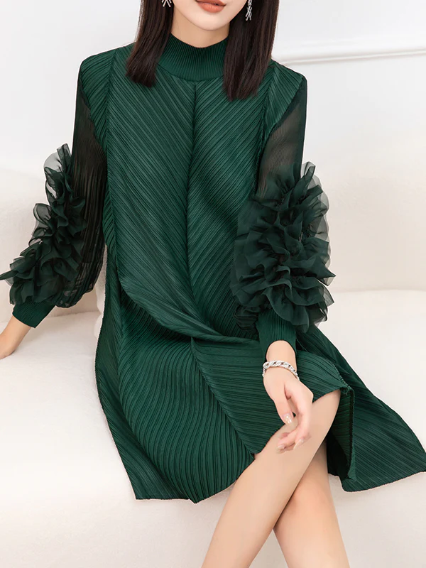 Long Sleeves Loose Embroidered Pleated Solid Color Round-Neck Midi Dresses - Image 17