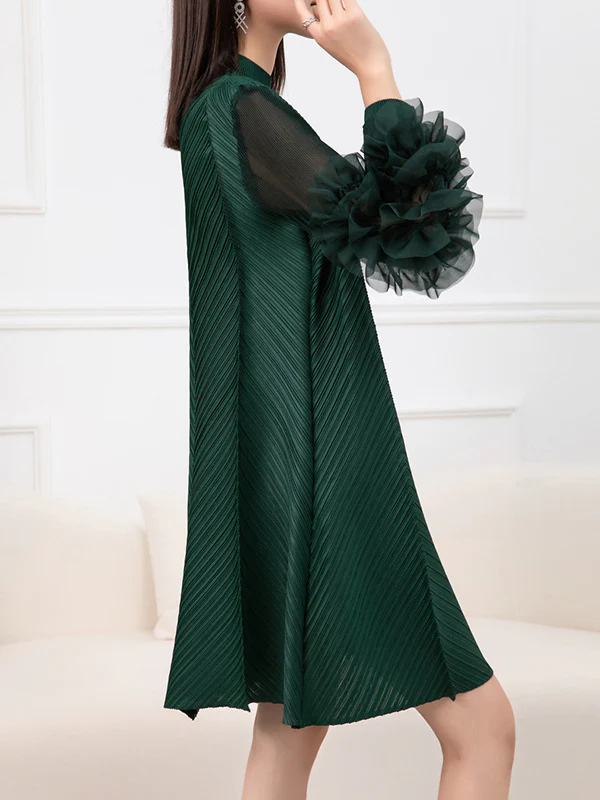 Long Sleeves Loose Embroidered Pleated Solid Color Round-Neck Midi Dresses - Image 18