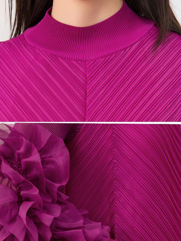 Long Sleeves Loose Embroidered Pleated Solid Color Round-Neck Midi Dresses - Image 19