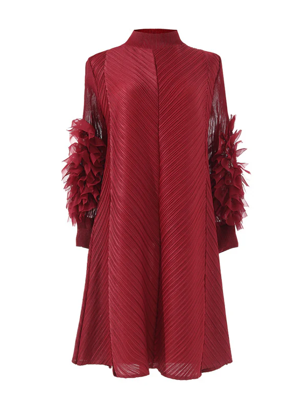 Long Sleeves Loose Embroidered Pleated Solid Color Round-Neck Midi Dresses - Image 3