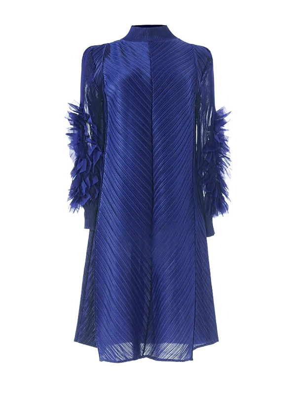 Long Sleeves Loose Embroidered Pleated Solid Color Round-Neck Midi Dresses - Image 4