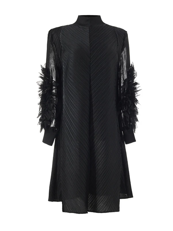 Long Sleeves Loose Embroidered Pleated Solid Color Round-Neck Midi Dresses - Image 5