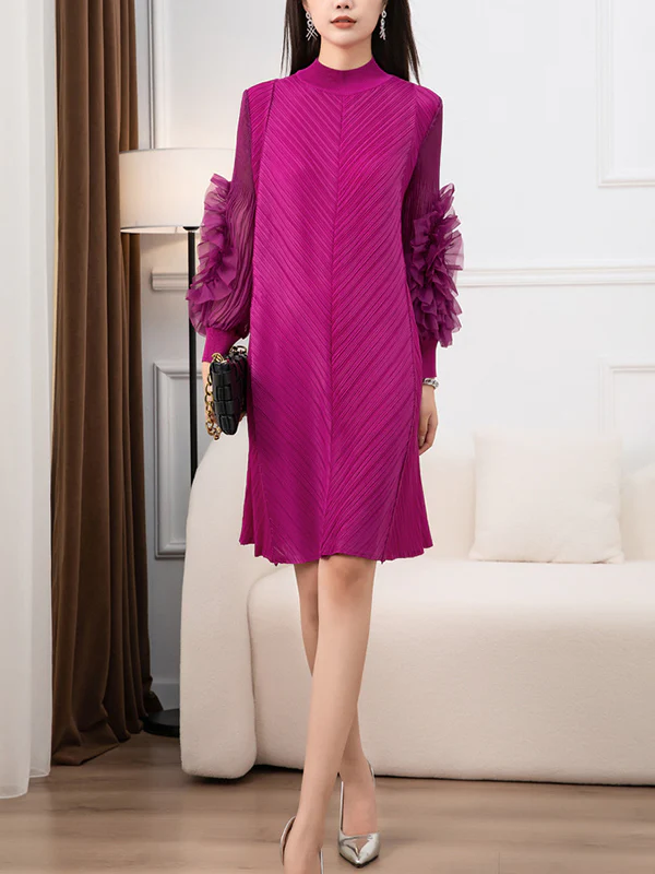 Long Sleeves Loose Embroidered Pleated Solid Color Round-Neck Midi Dresses - Image 6