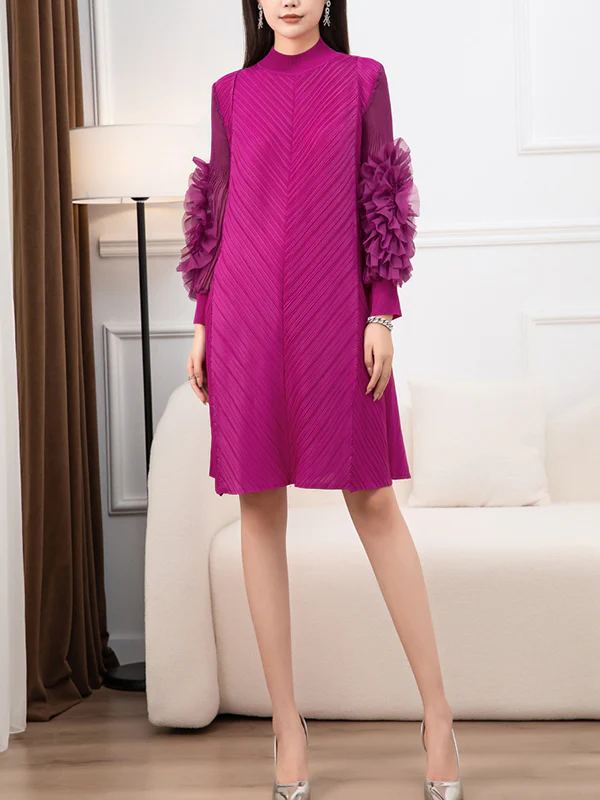 Long Sleeves Loose Embroidered Pleated Solid Color Round-Neck Midi Dresses - Image 7