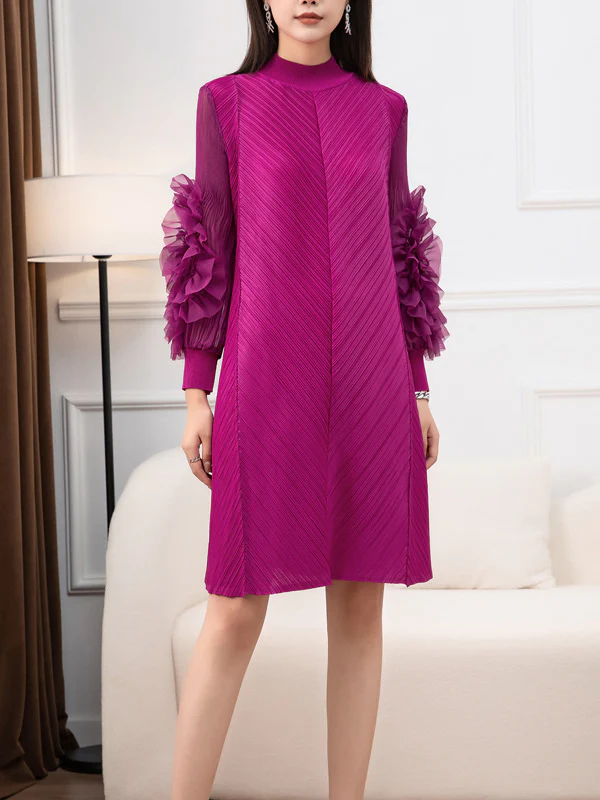 Long Sleeves Loose Embroidered Pleated Solid Color Round-Neck Midi Dresses - Image 8