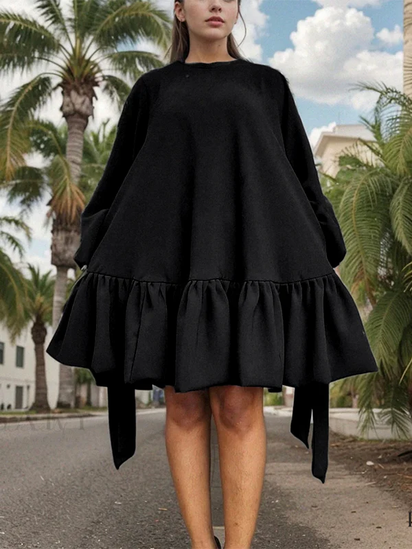 Long Sleeves Loose Falbala Solid Color Stand Collar Mini Dresses - Image 2
