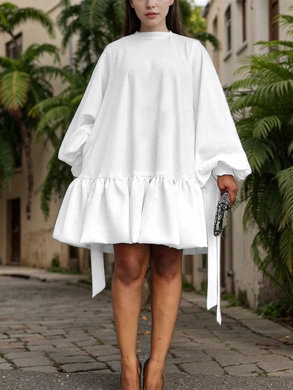 Long Sleeves Loose Falbala Solid Color Stand Collar Mini Dresses - Image 3