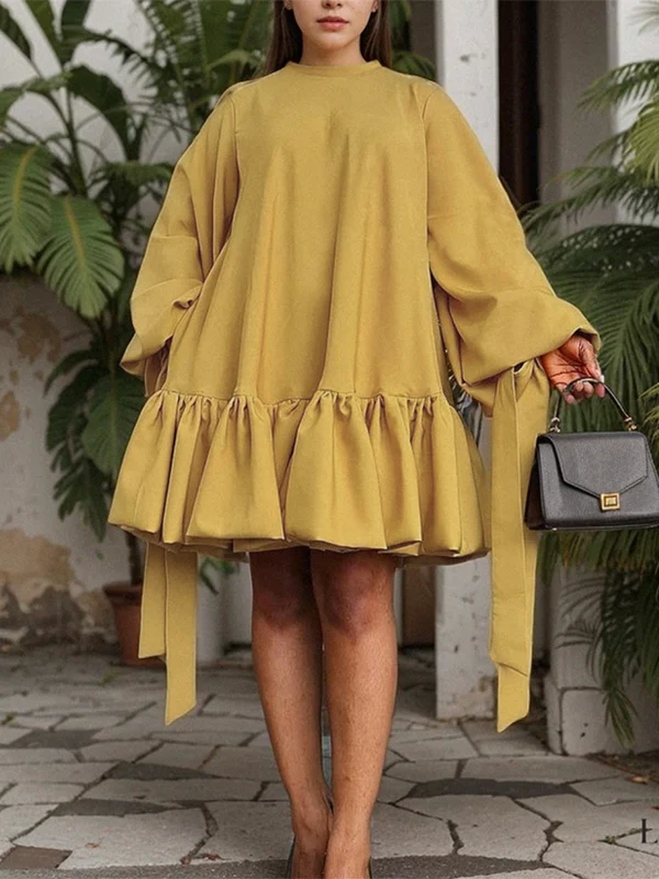 Long Sleeves Loose Falbala Solid Color Stand Collar Mini Dresses - Image 4