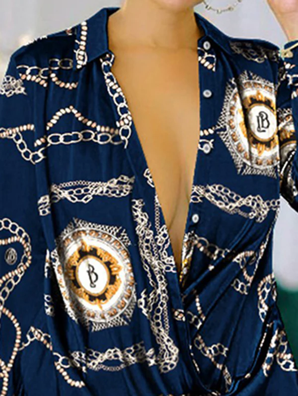 Long Sleeves Loose Figure Printed Lapel Mini Dresses Shirt Dress - Image 2