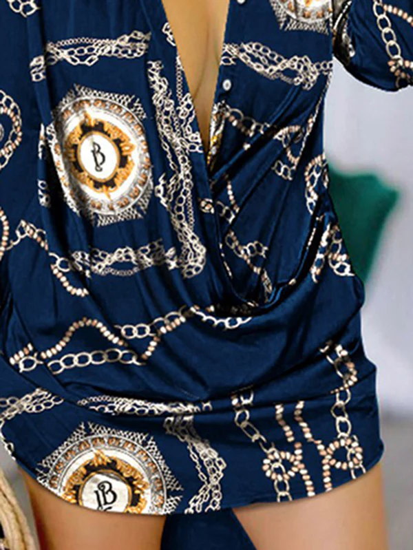 Long Sleeves Loose Figure Printed Lapel Mini Dresses Shirt Dress - Image 3