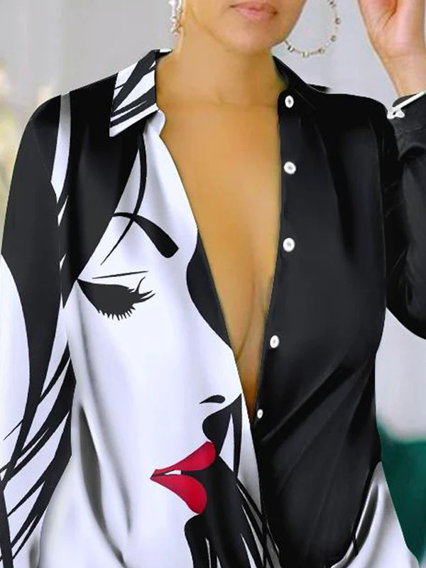 Long Sleeves Loose Figure Printed Lapel Mini Dresses Shirt Dress - Image 2