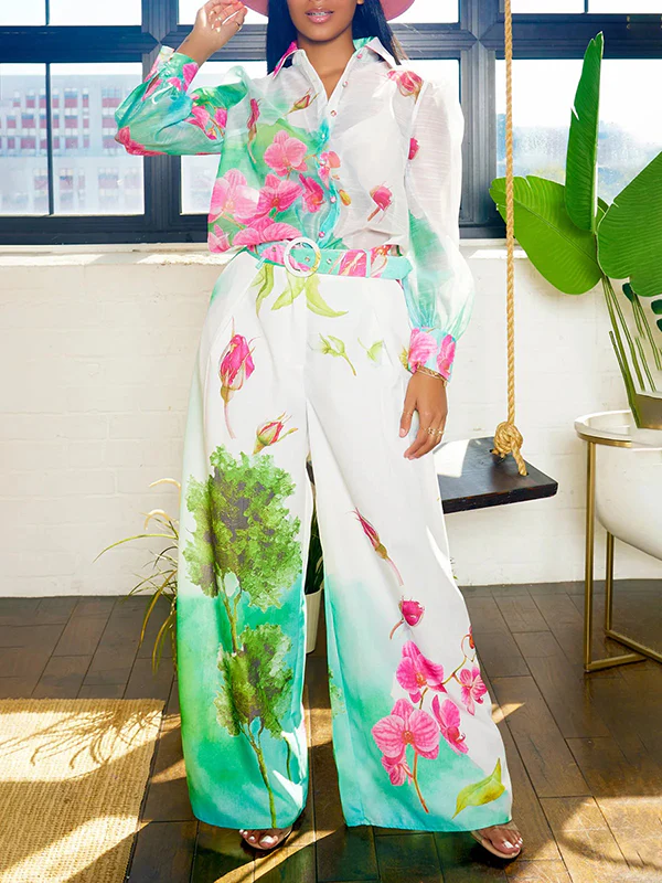 Long Sleeves Loose Floral Printed Gauze See-Through Split-Joint Lapel Blouses&Shirts Tops - Image 2